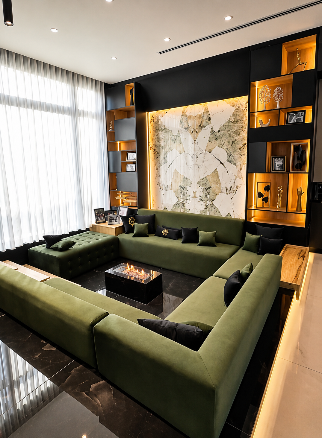 Private lounge with green sofas and warm interior lighting